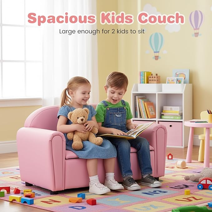 Costzon Kids Couch, 2 in 1 Double Seat Children's Sofa w/Under Seat Storage, PU Leather Surface, Toddler Armrest Chair, Kids Room, Soft Children Pink Sofa with Storage for Preschool Baby Girls Gifts