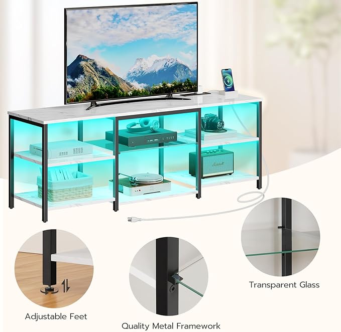 HOOBRO LED TV Stand for 65 Inch TVs with Charging Station, Gaming Entertainment Center with 3-Tier Open Storage, Long Media TV Console Table, TV Stand for Living Room, Bedroom, Marble White BM20UDDS01