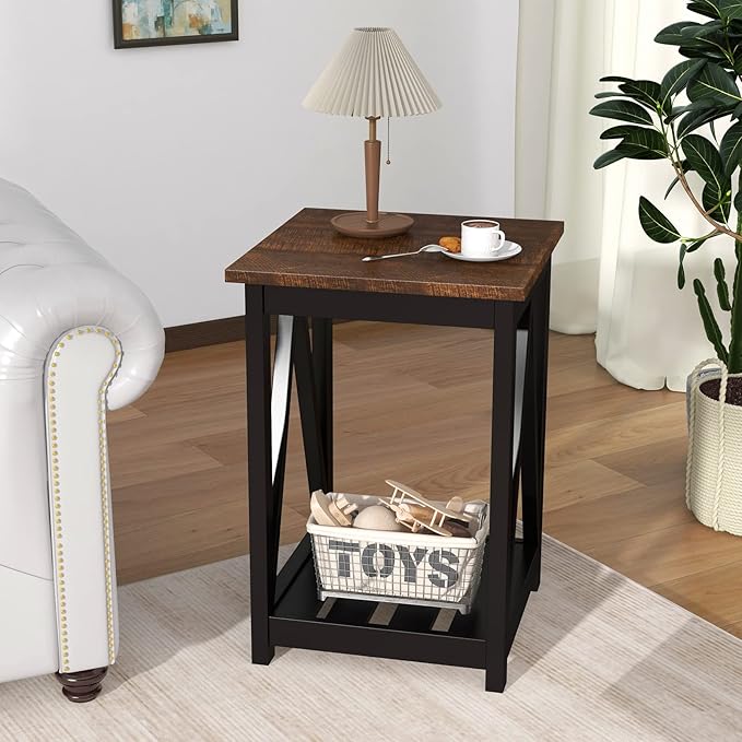 ChooChoo Farmhouse End Table, Rustic Vintage End Side Table with Storage Shelf for Small Spaces, Nightstand Sofa Table for Living Room, Bedroom Black 2 Pack