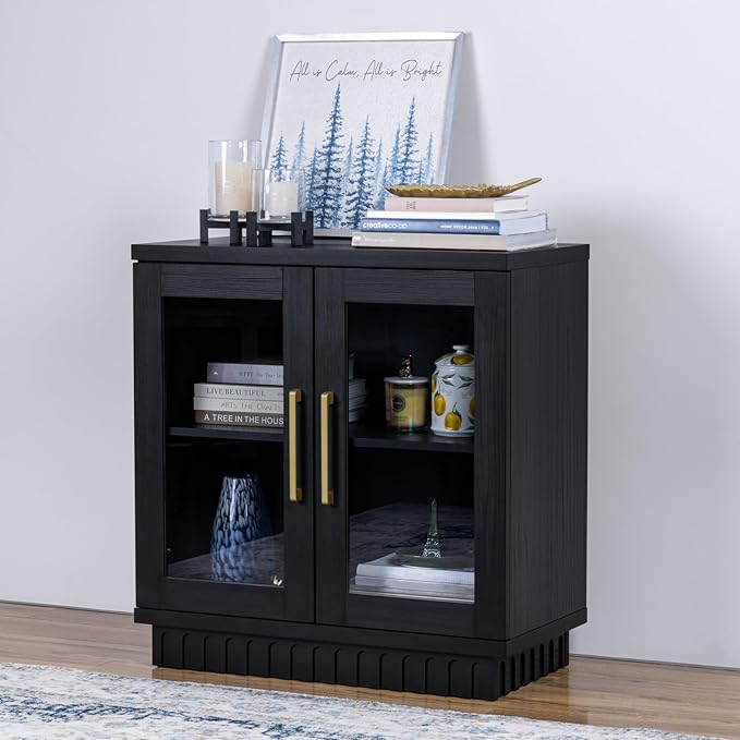 Buffet Cabinet with Storage, Sideboard Cabinet with Glass Doors, Accent Storage Cupboard Console Table for Kitchen, Hallway, Living Room, Dining Room, Smoked Black Oak