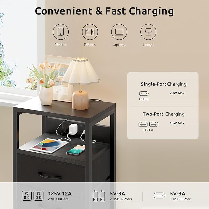 NightStand Bedside Charging Table Bedroom - Black Night Stand with Charger Station, Modern Bed Side End Table with Open Shelf & 4 Fabric Drawers, USB-C USB Ports & AC Outlets for Dorm Living Room