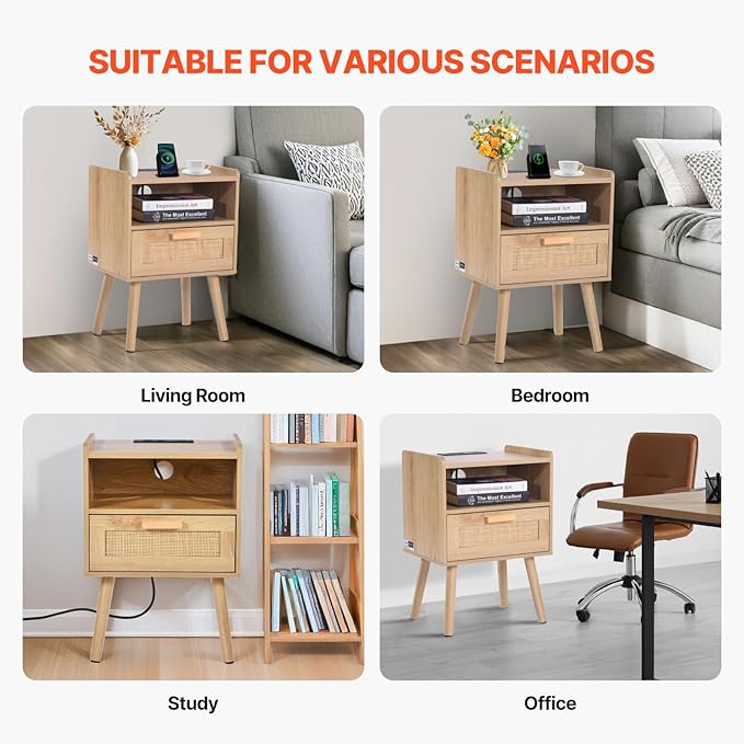 VEVOR Rattan Nightstand, Boho Bedside Table with Drawer Open Shelf, End Table Wooden Nightstand with Solid Wood Legs, Rattan Side Table with Charging Station, for Bedroom