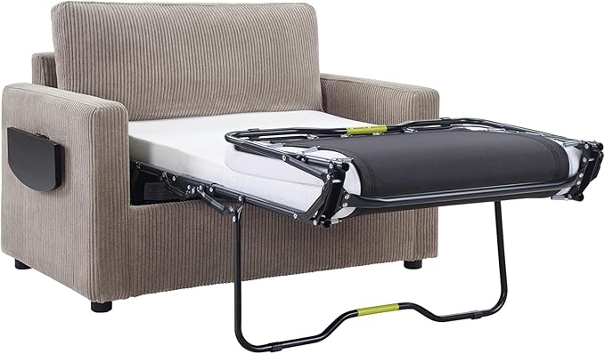 Twin Size Sofa Bed 47.2" Sleeper Sofa Loveseat Sofa with a Foldable Mattress, a Foldable Side Table, a Side Storage Pocket and Two USB Ports for Living Room, Grey-Brown