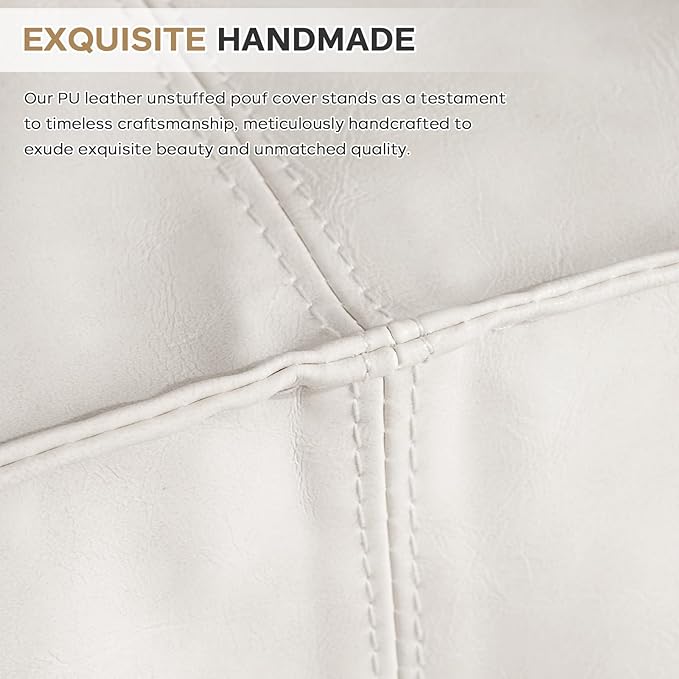 Unstuffed Pouf Ottoman Cover (Only Cover No Filler), 17.7x17.7 inch Faux Leather Moroccan Poofy Ottomans Cover, footrest Square White Footstool with Storage Waterproof Easy Cleaning for Living Room