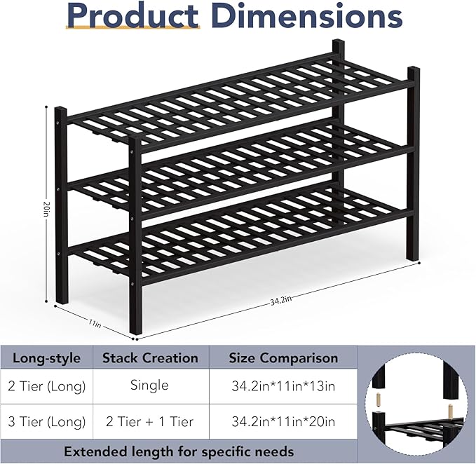 Haddockway Long 3 Tier Bamboo Shoe Rack Storage Organizer, Multifunctional Free Standing Stackable Shoe Shelf with Grid Panel for Closet,Hallway,Entryway,Small Space 34.2"x11"x20"(Black, 3-Tier(Long))