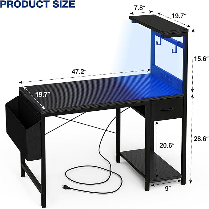Gaming Desk 47 Inch with Power Outlet and LED Light, Computer Desk with Reversible Shelves and Storage Drawer, Pc Small Desk for Home Office Table with Bag, Carbon Fiber Black