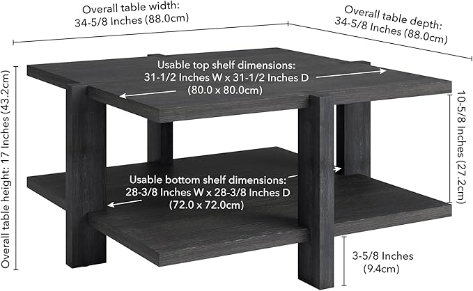 Henn&Hart 35" Wide Square Coffee Table in Charcoal Gray, for Home, Living Room, Bedroom, Entertainment Room, Office