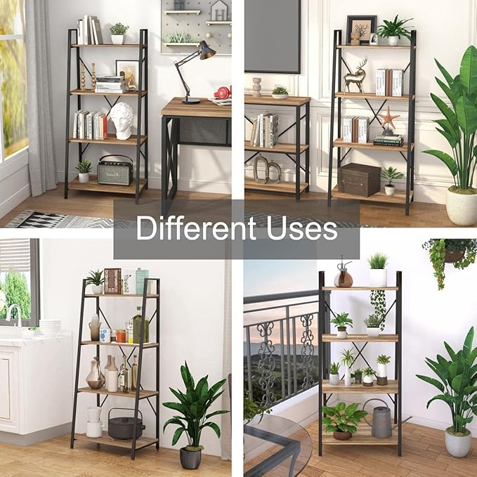 BON AUGURE Farmhouse Ladder Shelf Bookcase, 4 Tier Rustic Ladder Bookshelf, Standing Leaning Book Shelves for Living Room (Vintage Oak)