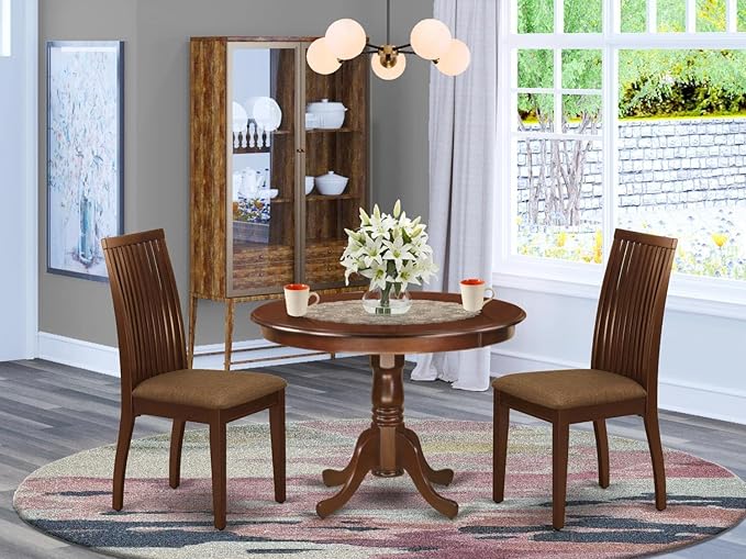 East West Furniture HLIP3-MAH-C 3 Piece Dining Room Furniture Set Contains a Round Dining Table with Pedestal and 2 Linen Fabric Upholstered Chairs, 42x42 Inch, Mahogany