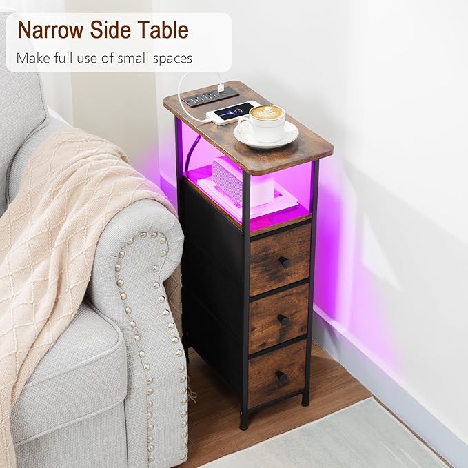 Narrow End Table Living Room with Charging Station, Skinny Side Table with Fabric Drawers, Slim LED Nightstand for Bedroom, Small Spaces, Couch, Brown, HETNDP03LBR-1