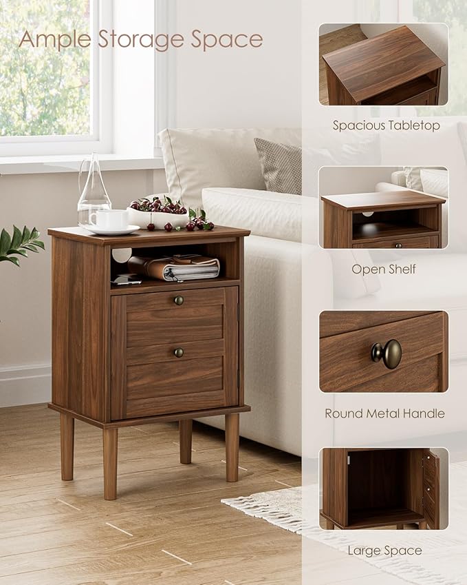 Nightstand, Boho Night Stand with 1 Drawer, Modern Side Accent Table with Open Shelf, Wooden Top Bedside End Table for Bedroom, Living Room, Walnut