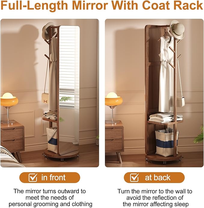 70"x16"Full Length Mirror with Stand,Coat Rack with Mirror,Solid Wood Floor Mirror,Swivel Mirrorfor Bedroom, Living Room, Cloakroom
