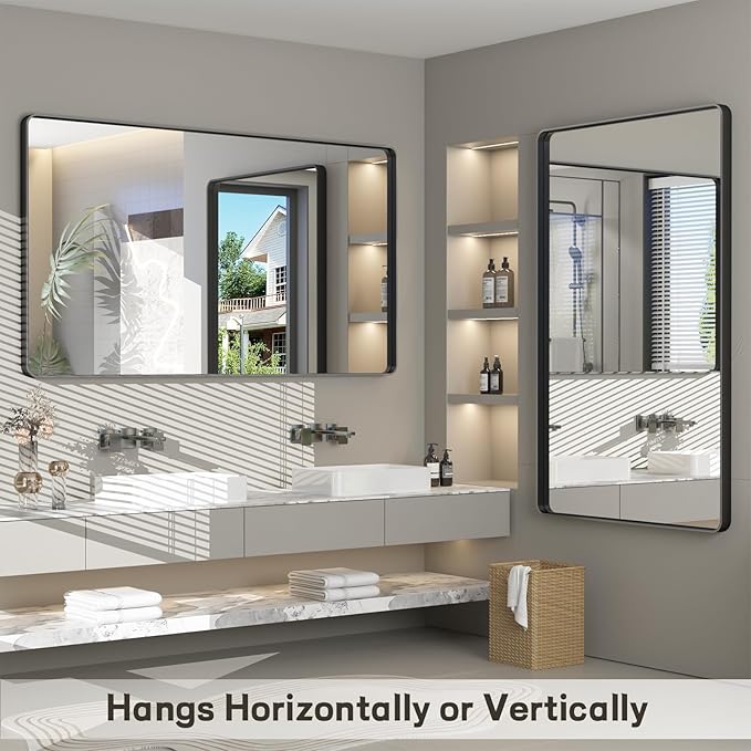 55x36 Inch Black Framed Bathroom Mirror for Wall, Large Matte Metal Framed Wall Mirror, Rounded Corner Rectangle Vanity Mirror, Tempered Glass, Anti-Rust, Shatterproof (Horizontal/Vertical)