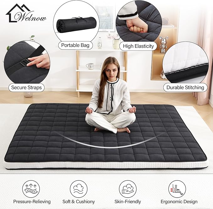 Welnow Japanese Futon Floor Mattress, Twin Size Thick Tatami Mat Portable & Foldable Roll Up Floor Bed Mattress with Storage Bag, Sleeping Pad for Adults, Dorm, Guest Bed, Camping and Travel, Black