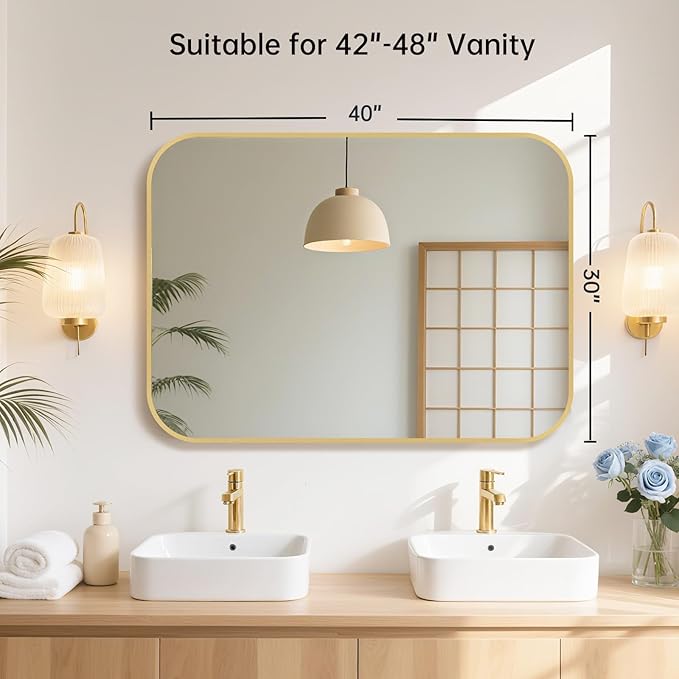 40x30 Inch Gold Bathroom Mirror, Brushed Gold Metal Framed Rectangular Mirror with Rounded Corner, Bathroom Vanity Mirror for Bedroom or Living Room, Horizontal/Vertical