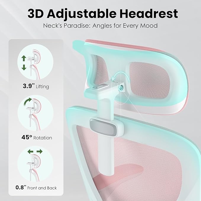 Ergonomic Office Chair, Comfy Home Office Chair High Back Computer Chair with Headrest, Adjustable Back Support, Flip-Up Arms, 90-120° Tilt and Wide Cushion, Up to 300lbs, Pink+White