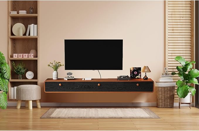 Minimalist 55'' Floating TV Stand with 3 Doors,Solid Wood Wall Mounted TV Console,Floating Entertainment Center with Hidden Storage,Curved Round Edges,Natural Wood Finish(Walnut)