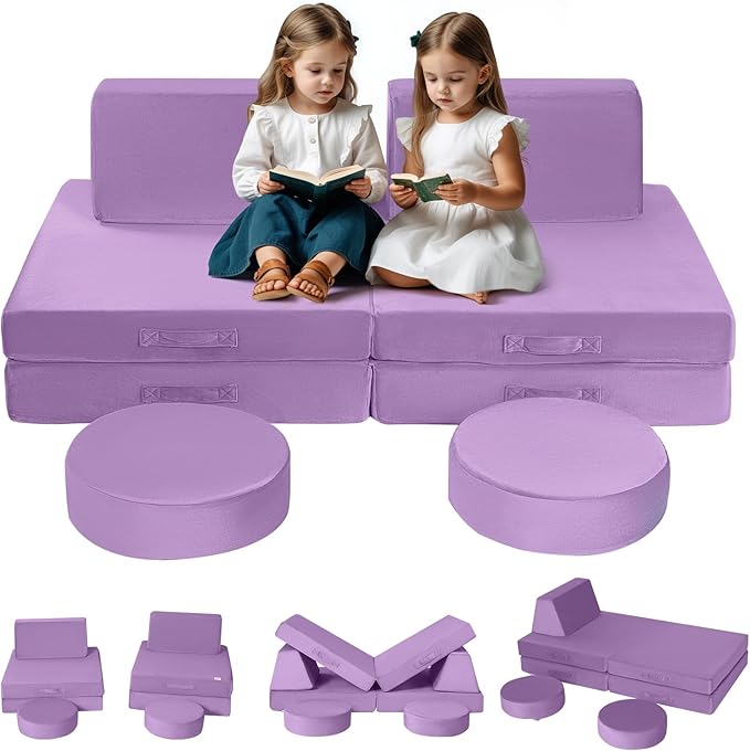 MeMoreCool Modular Kids Couch, Purple 8-Piece Convertible Foam Sofa Play Set for Toddlers and Playroom