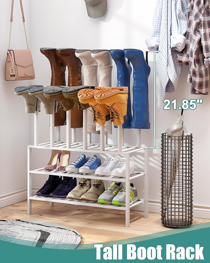 White Boot Rack, Boot Rack Organizer Tall Boots with Shoe Rack for Closet, Bamboo Wood Shoe Shelf Storage Organizer for Entryway