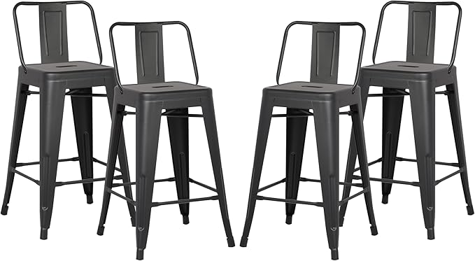 AC Pacific 24” Metal Barstool Set of 4 – Country Rustic Style with Low Back, Lightweight & Sturdy Build, Easy Assembly – Matte Black