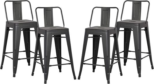 AC Pacific 24” Metal Barstool Set of 4 – Country Rustic Style with Low Back, Lightweight & Sturdy Build, Easy Assembly – Matte Black