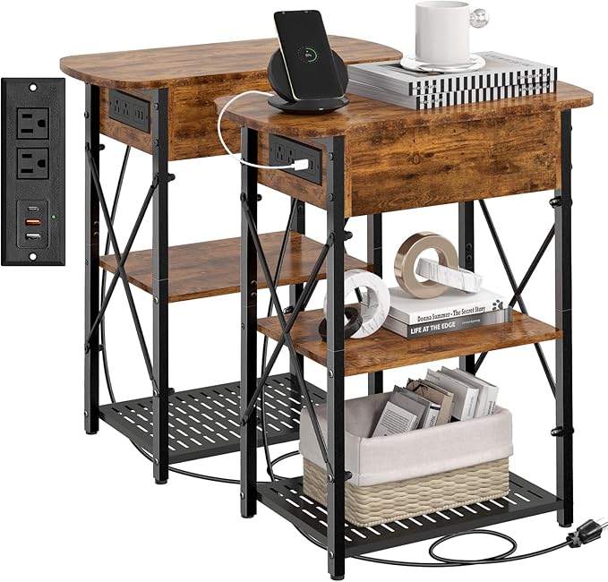 Narrow Side Table with Charging Station, End Tables Set of 2 for Small Spaces, Flip Top End Table with Storage, End Tables Living Room, Nightstand Set 2 with Drawer for Bedroom, Brown