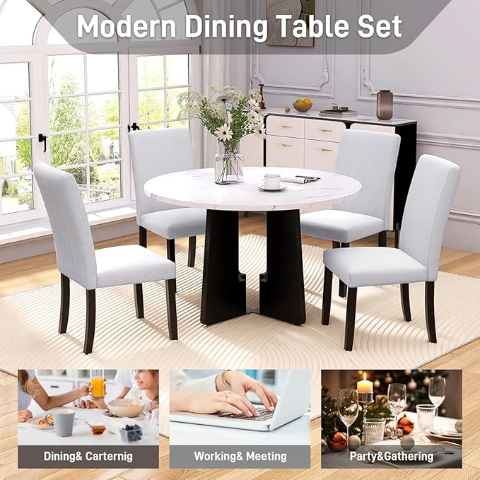 Merax 5-Piece Round Dining Table Set, Modern 4 Upholstered Chairs for Living,Kitchen Room, 43 Inch, Beige+White