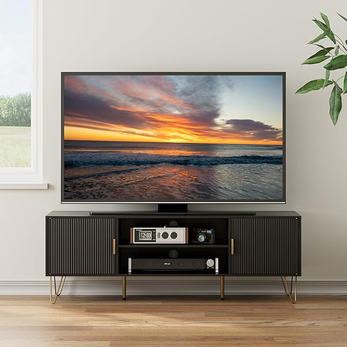 TV Stand for 55-65 inch TV, Entertainment Center with Soft Hinge Door,TV Console Table with 2 Cabinets with Gold Handle and Feet,for Living Room, Bedroom, Black