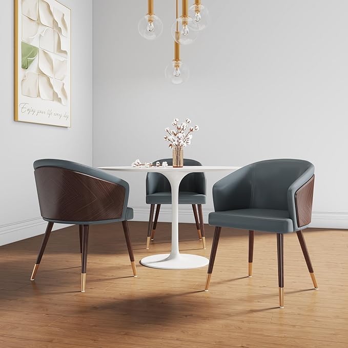 Manhattan Comfort Reeva Modern Dining Chair Upholstered in Tight Fit Leatherette, Accent Furniture with Solid Beech Wood Frame & Legs with Stylish Gold Tips, Graphite Grey