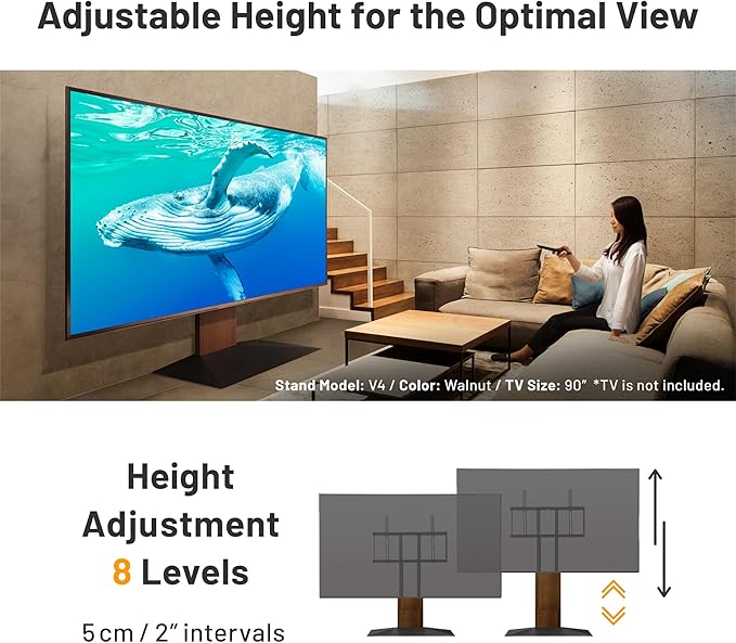 WALL V4 | Sleek Shallow Floor TV Stand for Extra Large 50-100 Inch | Walnut | for Large Screens | Living Room and Bedroom, Space Saving, Adjustable Mount, No Drill, Japan-Engineered Design
