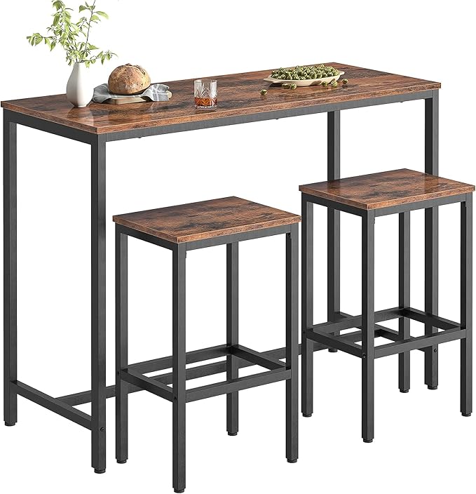 HOOBRO Bar Table and Chairs Set, 47.2” Rectangular Pub Table with 2 Stools for Small Space, High Top Table, 3-Piece Breakfast stools Set, Sturdy Metal Frame, Easy to Assemble, Rustic Brown BF52BT01