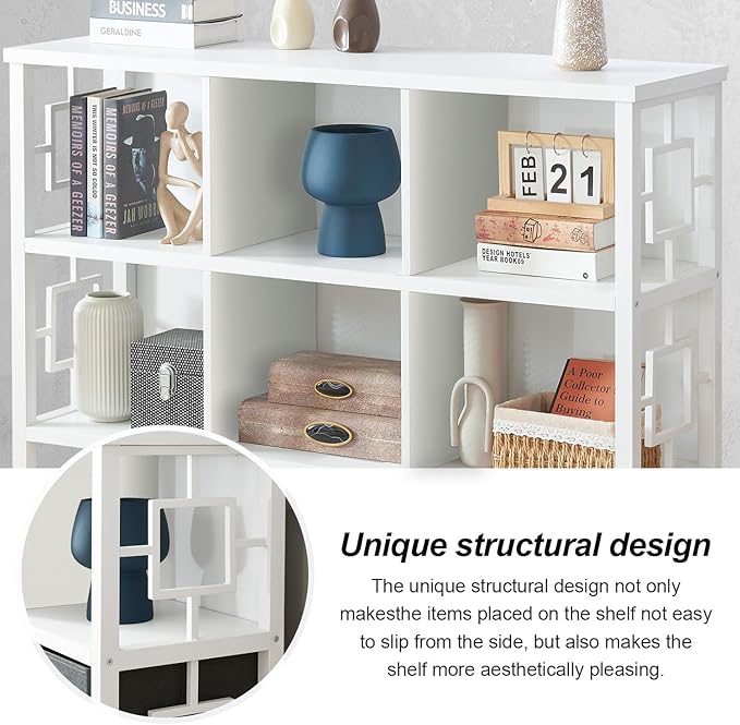 HOMISSUE 6 Cube Storage Organizer Shelf, Rustic Short Bookshelf with 3 Storage Bins, Industrial Horizontal Bookshelf with Metal Frame, Low and Wide Cube Bookcase for Living Room and Office, White