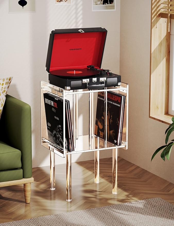 Acrylic Record Player Stand, with Vinyl Storage, Clear Acrylic Side Table (Clear)