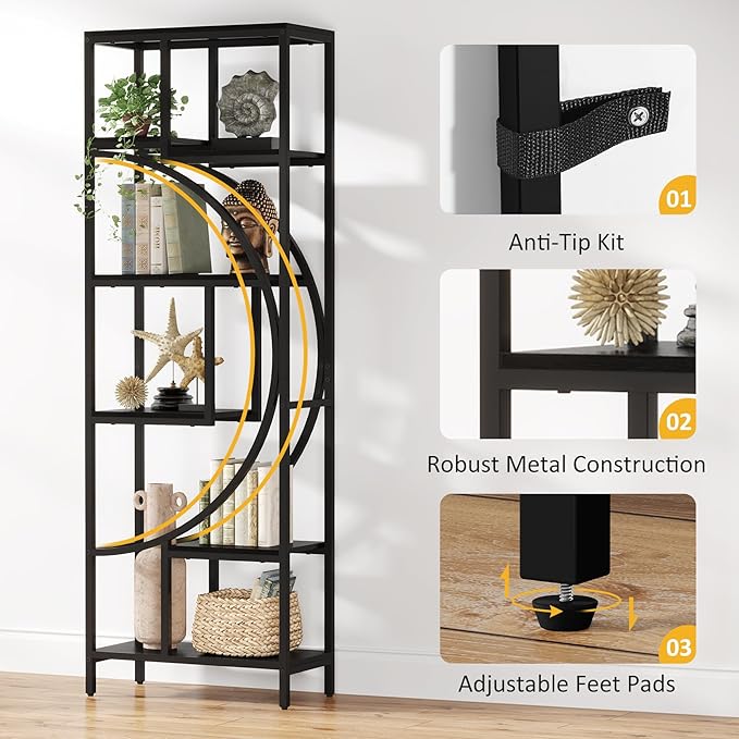 Geometric Bookshelf, 70.9" Tall Bookcase with 7-Shelf Open Shelves, Wood Metal Book Shelf Display Rack Storage Shelving Unit for Office, Bedroom, Living Room, Easy Assembly, Black