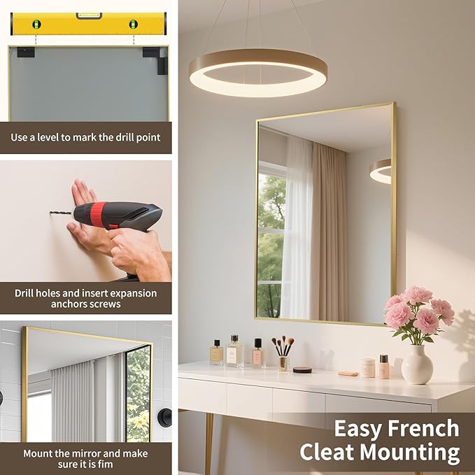 Brushed Gold Mirror, 24x32 Inch Aluminum Framed Rectangle Mirror, Anti-Rust, Tempered Glass, Square Corner Wall Mirror for Over Sink, Vanity, Bedroom, Entryway, Horizontal/Vertical