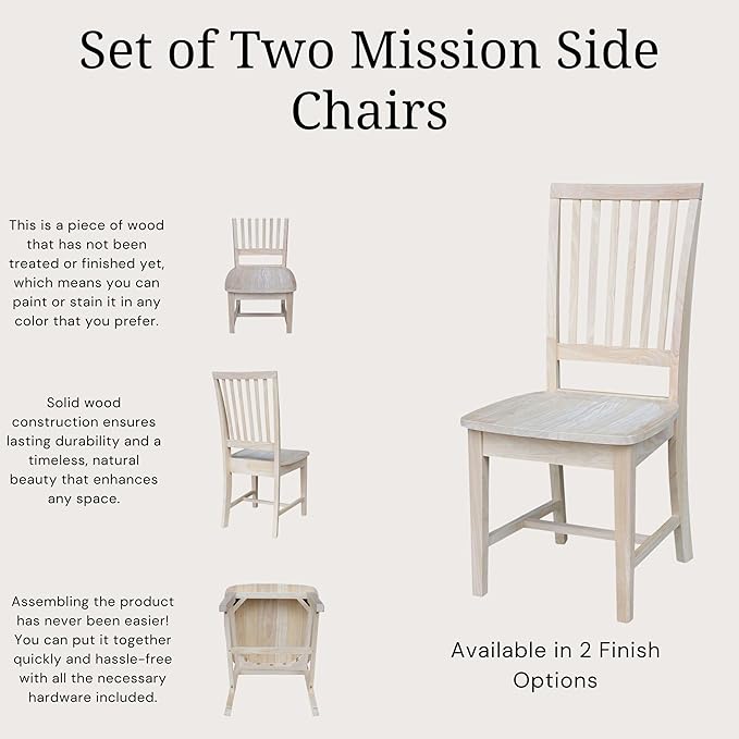 Set of 2 Mission Side Chairs 39.2"H, Solid Parawood Kitchen Dining Furniture, Stylish Comfortable Chairs for Dining Room, Paint or Stain to Match Your Decor, Unfinished