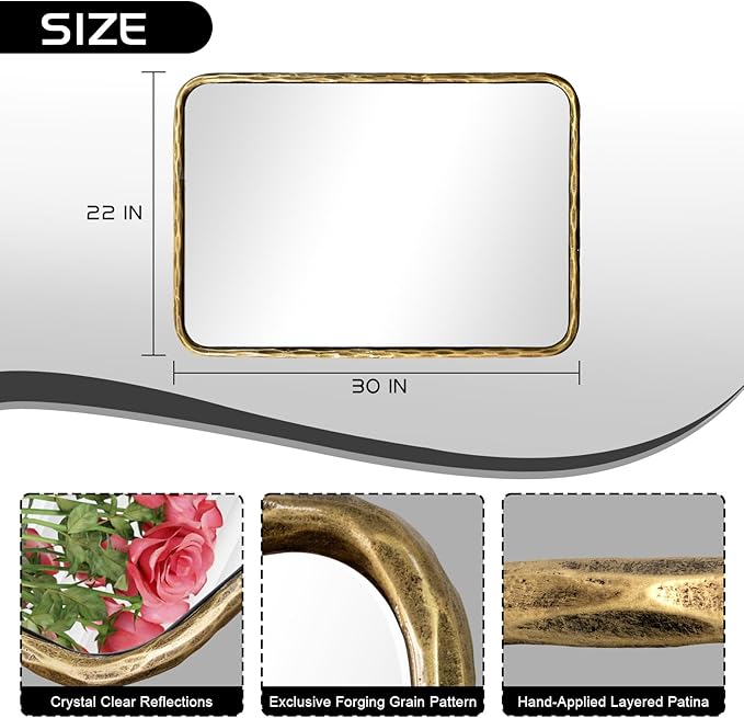 BEGINS Hand-Forged Steel Wall Mirror, 30x22 Inch Vintage Solid Steel Frame, Antique Rounded Rectangle Bathroom Mirror with Hidden Mounting Hooks, Horizontal or Vertical Hanging