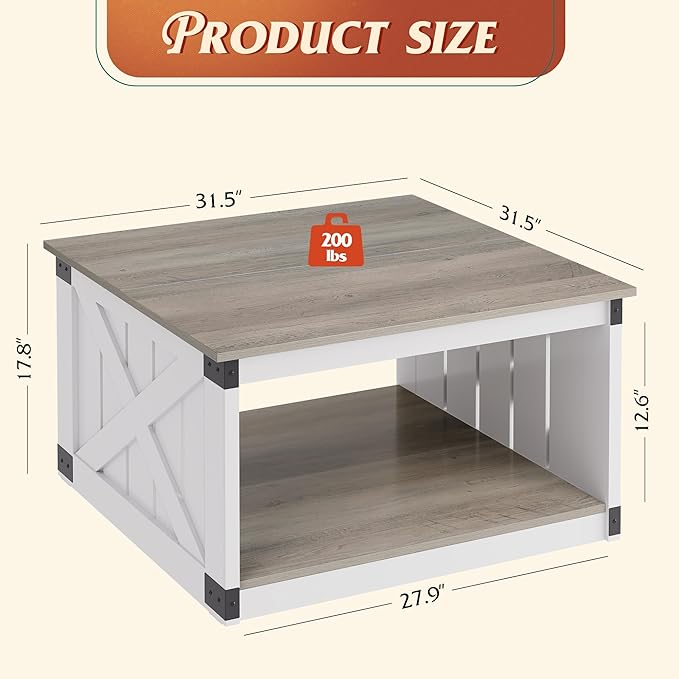WLIVE Coffee Table, Farmhouse Coffee Table with Open Storage, 31.5" Wood Square Living Room Tables, Rustic Dining Cocktail Center Table for Living Room, Grey & White