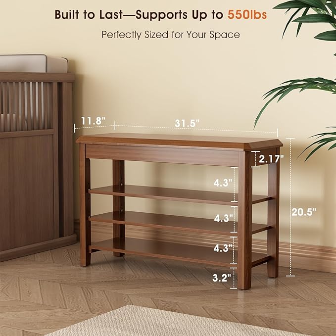 Shoe Rack Bench Seat Rubberwood 3-Tier Wooden Storage Bench 550lbs Compact Mid-Century Modern Design for Entryway, Hallway, Closet, Front Door Entrance, Foyer
