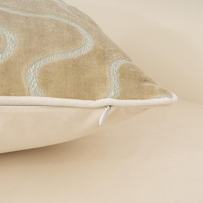 Yangest Beige Square Throw Pillow Cover Wavy Velvet Cushion Cover Modern Zippered Pillowcase for Sofa Couch Bedroom Living Room Chair, 20 x 20 Inch