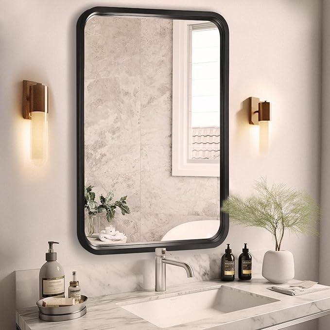 WallBeyond 20x30 Inch Wood Mirror for Bathroom, Wooden Frame Wall Mirror Farmhouse Wall Mounted Rectangle Mirror for Vanity (Horizontal/Vertical Black Color)