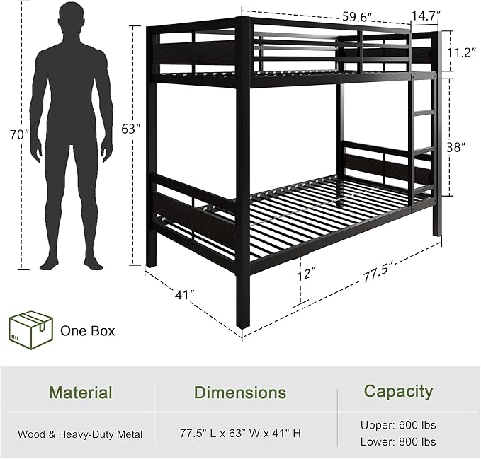 Feonase Metal Twin Over Twin Bunk Bed with Ladder and High Guardrail, Heavy-Duty Metal Slats Support, Noise Free, No Box Spring Needed, for Kids and Juniors, Black