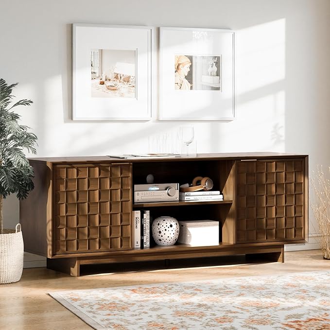 COLAMY TV Stand with Two Doors, Entertainment Center 59" with Adjustable Shelves and Storage, Mid-Century Modern TV Stand for 50/55/65 inch TV, Media Console Cabinet for Living Room, Bedroom Walnut