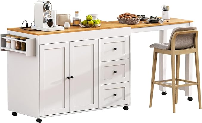 Ball & Cast 74.8" Kitchen Island with Extendable Dining Table,Kitchen Storage Cart W/Power Outlet and 3 Drawers,Rolling Kitchen Island on Wheels W/Spice Rack & 2 Door Cabinet,for Kitchen,White