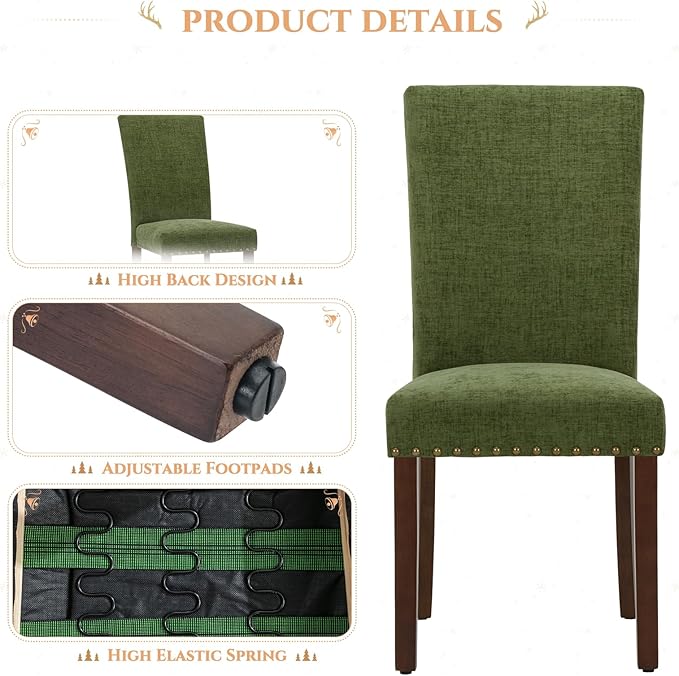 Parsons Dining Chairs Set of 6, Upholstered Nailhead Dining Room Kitchen Side Chair with Thick Cushions and Wood Legs, Green