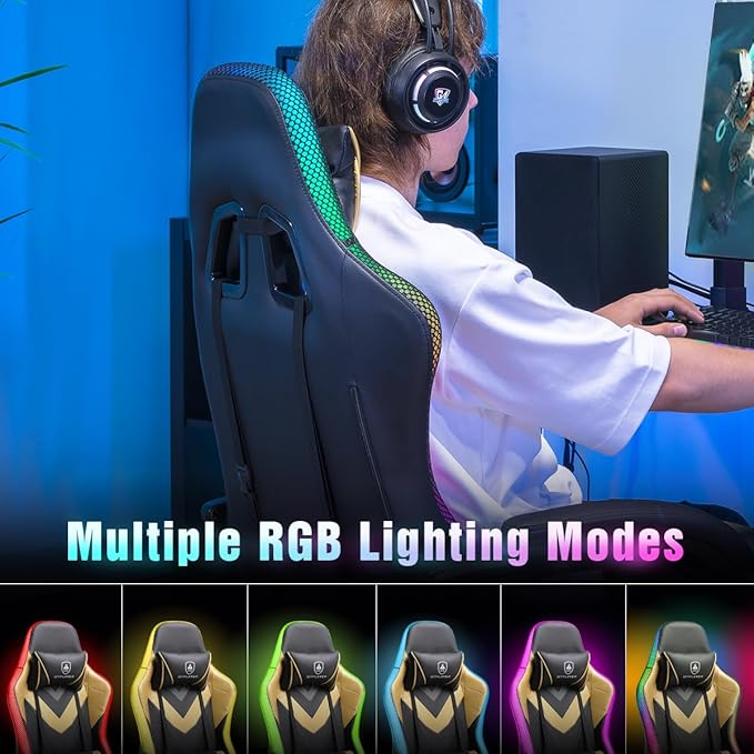 GTPLAYER Gaming Chair, RGB Gaming Chairs with LED Lights, Video Gaming Chair for Adults, Ergonomic Computer Gaming Chair with Linkage Armrest, Reclining Chair with Headrest (Without Massage, Black)