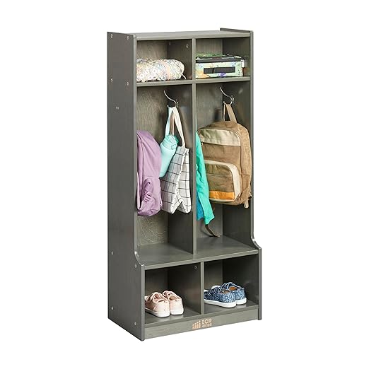 ECR4Kids 2-Section Coat Locker with Bench, Classroom Furniture, Grey Wash
