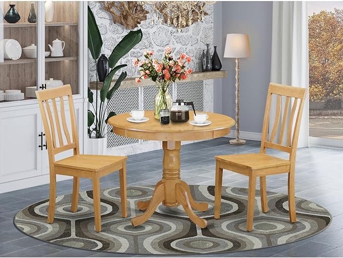 East West Furniture ANTI3-OAK-W 3 Piece Dining Set Contains a Round Kitchen Table with Pedestal and 2 Dining Room Chairs, 36x36 Inch, Oak