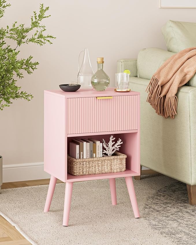 Nightstand, Small Side Table, Bedside Table with Drawer, Modern Night Stand, End Table for Bedroom, Living Room (Pink Stripe)