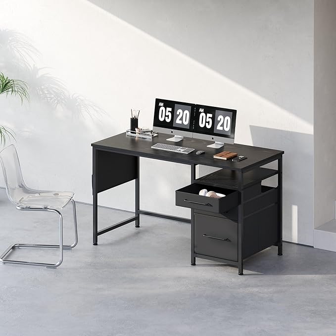 Ｍａｉｈａｉｌ Maihail Small Desk with Drawers, 47 inch Computer Desk with Shelves, Writing Desk with Storage, Small Office Desk with Metal Frame, Black